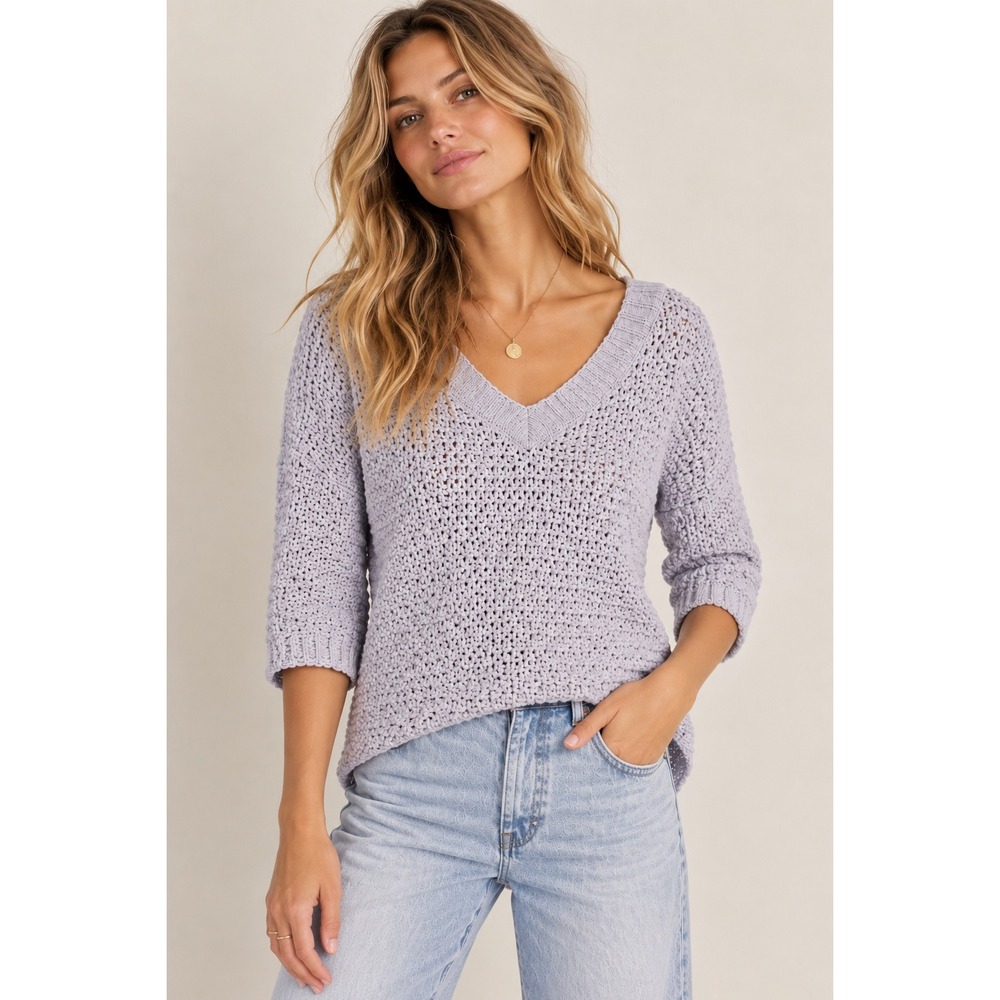 Free People Lavender Cotton Knit V-Neck Sweater 3/4 Sleeve High Low XS